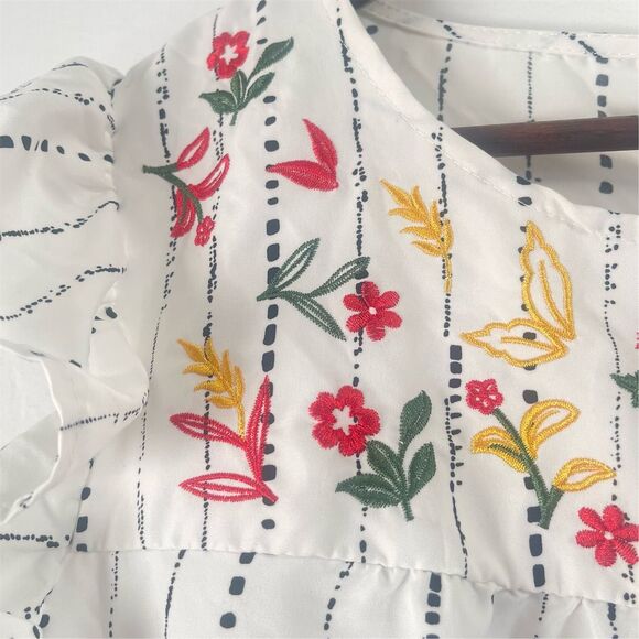 Women's Striped Midi Dress Embroidered Ruffle Trim Tiered Multicolor 2XL - Picture 7 of 12